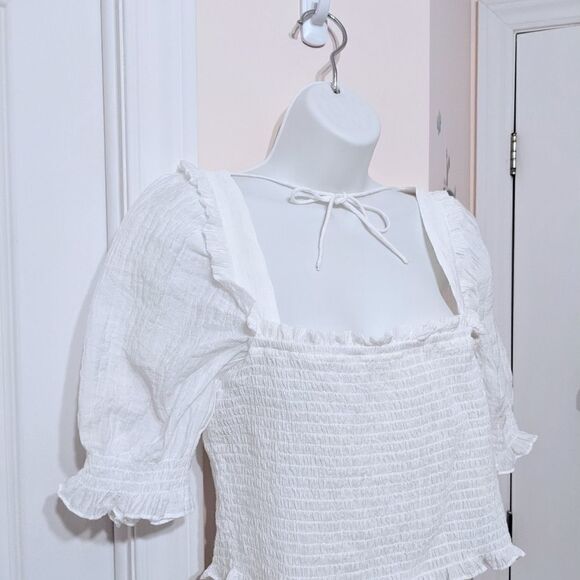 H&m puff sleeves smocked white peasant blouse Medium @K1 - Picture 8 of 11